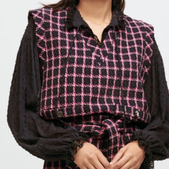 MAJE Liassite Rose Plaid Sleeveless Top - Tweed Vest - Black Fuscia Small - Picture 1 of 10